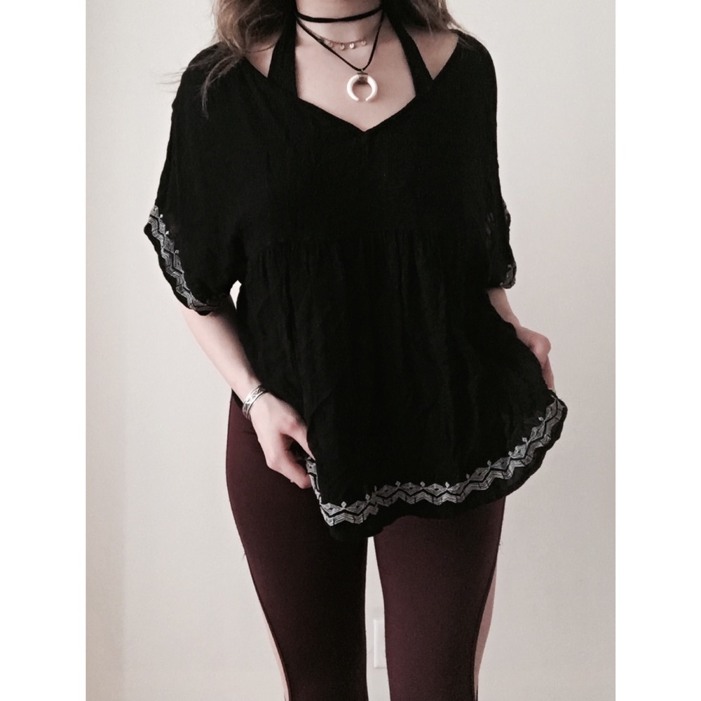 Oversized Embroidered Boho V Neck Tunic Blouse